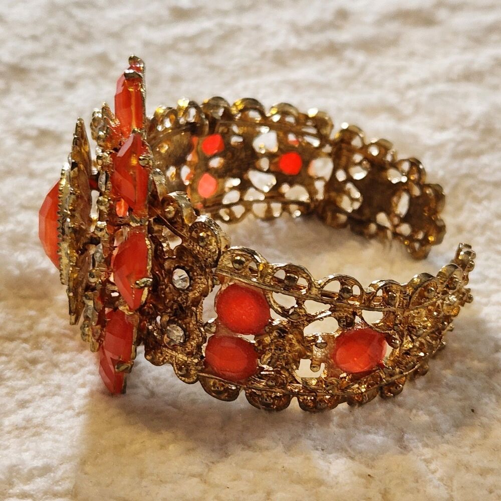 Coral Color Flower Beaded Goldtone Clear Rhinestone Bangle Statement Bracelet